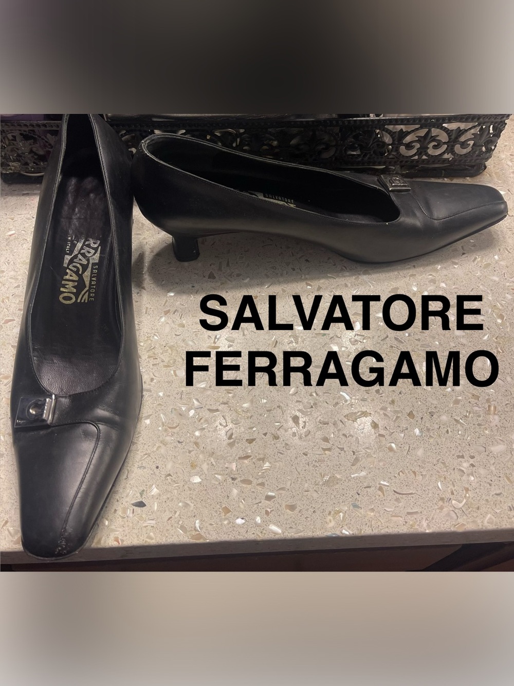 Salvatore Ferragamo Black Leather Low Heel Pumps
